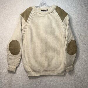 Orvis British Wool Sweater Fisherman Chunky Crew Neck Elbow Patch Cream Ivory XL